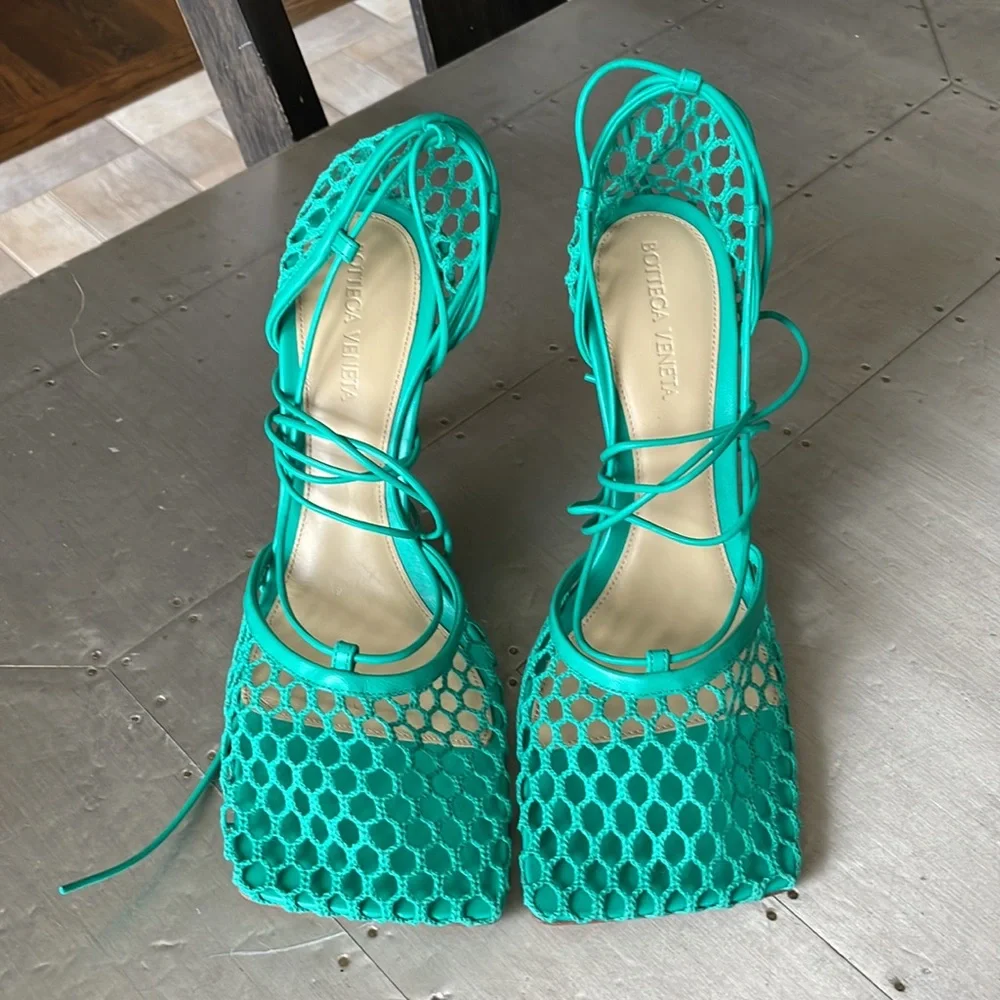 bottega veneta turquoise stretch web sandal pump sz 39